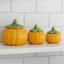Conjunto de Potes Decorativos Abóbora em Cerâmica Amarelo Kit com 3 Peças Elegantes para Cozinha Conjunto de Potes Decorativos Abóbora em Cerâmica Amarelo Kit com 3 Peças Elegantes para Cozinha