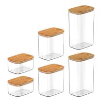 Conjunto De Potes Herméticos Retangular Keep 6 Peças Transparente Com Tampa De Bambu Ou Conjunto De Potes Herméticos Retangular Keep 6 Peças Transparente Com Tampa De Bambu Ou