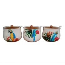 Conjunto De Potes Para Condimentos Araras De Cerâmica Com Tampa De Madeira - Btc