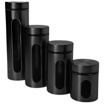 Conjunto de Potes para Cozinha Herméticos 4 Peças em Inox Preto e Vidro
