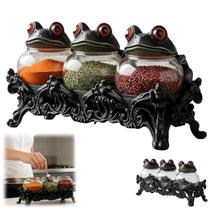 Conjunto de Potes para Temperos 3 Peças em Vidro com Tampa de Sapo, Decoração Gótica, 150 ml Conjunto de Potes para Temperos 3 Peças em Vidro com Tampa de Sapo, Decoração Gótica, 150 ml