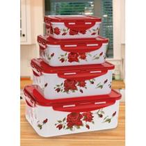 Conjunto de Potes Retangulares Vermelho Floral Tampa com Travas 4 Peças Conjunto de Potes Retangulares Vermelho Floral Tampa com Travas 4 Peças