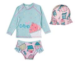 Conjunto De Praia Infantil Com Chapeu Proteção Solar Cupcakes Tip Top