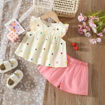 Conjunto De Praia Para Bebê Menina Com Estampa De Bolinhas Coloridas, Top Com Mangas Flutuantes E Conjunto De Praia Para Bebê Menina Com Estampa De Bolinhas Coloridas, Top Com Mangas Flutuantes E