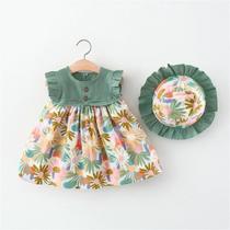 Conjunto De Praia Para Menina 2 Peças Vestido Sem Mangas Em Patchwork Floral Com Chapéu De Sol
