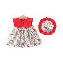 Conjunto De Praia Para Menina 2 Peças Vestido Sem Mangas Em Patchwork Floral Com Chapéu De Sol