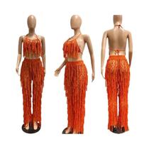 Conjunto De Praia Sexy Feminino Em Crochê Com Franjas, Top Cropped Com Amarração E Calças, Traje