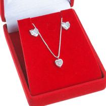 Conjunto de Prata 925 feminino Colar com pingente e brinco Coração com zirconia cravejada garantia - Encantada Jóias