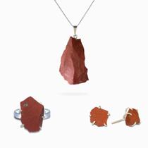 Conjunto de prata 925 Regulavel com cristal natural. Pedra Jasper Vermelho