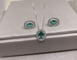 Conjunto de prata colar com brinco, com pedra verde oval