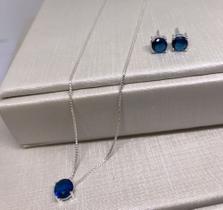 Conjunto de prata colar com brinco, com pedras circular cor de safira Conjunto de prata colar com brinco, com pedras circular cor de safira