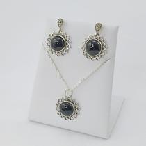 Conjunto De Prata Com Pedra Onix Bijou Art
