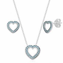 Conjunto de Prata Coração com Zircônia Azul Claro