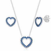Conjunto de Prata Coração com Zircônia Azul Escuro