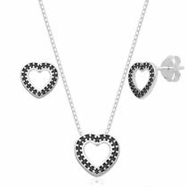Conjunto de Prata Coração com Zircônia Ônix Conjunto de Prata Coração com Zircônia Ônix