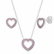 Conjunto de Prata Coração com Zircônia Rosa Claro
