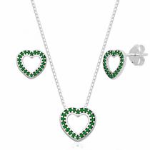Conjunto de Prata Coração com Zircônia Verde