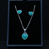 Conjunto de prata coração verde