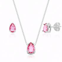 Conjunto de Prata Ponto de Luz Gota Cristal Rosa