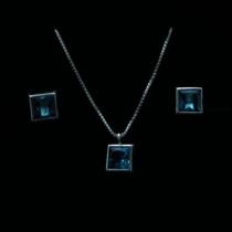 Conjunto de prata zirconia azul quadrado