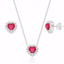Conjunto de Prata Zircônia Coração Cereja