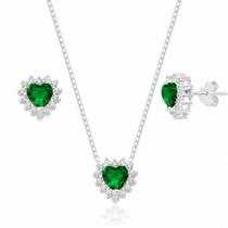 Conjunto de Prata Zircônia Coração Esmeralda