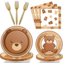 Conjunto de pratos de festa Bear Baby Shower, 96 unidades para 24