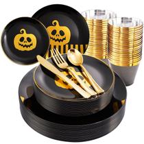 Conjunto de pratos de Halloween Dishware KIRE, 50 unidades de abóbora preta e dourada
