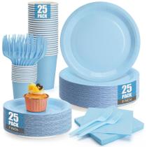 Conjunto de pratos de papel azul claro CENLBJ para 25 convidados