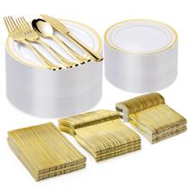 Conjunto de pratos de plástico BESTVIP 300PCS Gold para 50 convidados com talheres Conjunto de pratos de plástico BESTVIP 300PCS Gold para 50 convidados com talheres