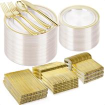 Conjunto de pratos de plástico BESTVIP Clear Gold 600 unidades para 100 convidados Conjunto de pratos de plástico BESTVIP Clear Gold 600 unidades para 100 convidados