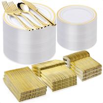 Conjunto de pratos de plástico BESTVIP para 100 convidados com 600 unidades e aro dourado