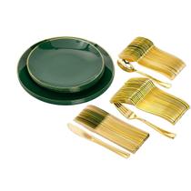 Conjunto de pratos de plástico descartáveis com talheres para 40 - Verde