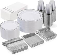 Conjunto de pratos de plástico descartáveis GATHER branco/prata de 350 unidades