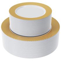 Conjunto de pratos de plástico FOCUSLINE Gold com borda dourada, 102 unidades Conjunto de pratos de plástico FOCUSLINE Gold com borda dourada, 102 unidades