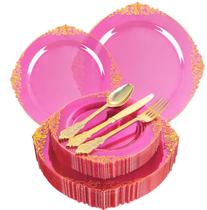 Conjunto de pratos de plástico Joyido Hot Pink com talheres dourados 125 unidades Conjunto de pratos de plástico Joyido Hot Pink com talheres dourados 125 unidades