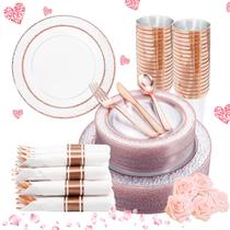 Conjunto de pratos de plástico Liacere Rose Gold 350 unidades para 50 convidados Conjunto de pratos de plástico Liacere Rose Gold 350 unidades para 50 convidados