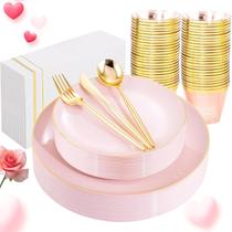 Conjunto de pratos de plástico LUODA Mirthmood Pink com borda dourada 210 unidades