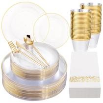 Conjunto de pratos de plástico Mirthmood Clear and Gold para 30 convidados