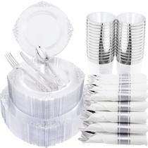 Conjunto de pratos de plástico Morejoy Clear Silver 350 unidades para 25 convidados