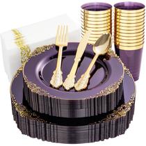 Conjunto de pratos de plástico Nervure Clear Purple com ouro 175 unidades