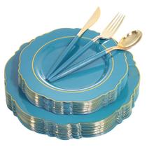 Conjunto de pratos de plástico Nervure Teal com borda dourada, 100 unidades e talheres