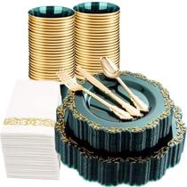Conjunto de pratos de plástico PULOTE Clear Green com talheres dourados 25 Guest