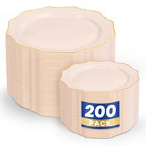Conjunto de pratos de plástico WDF 200PCS com aro de ouro rosa para festa Conjunto de pratos de plástico WDF 200PCS com aro de ouro rosa para festa
