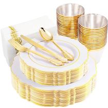 Conjunto de pratos de plástico WDF 25Guest Gold com talheres