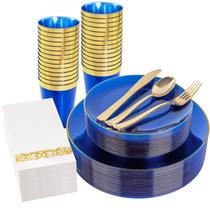 Conjunto de pratos de plástico YOUBET Clear Blue com borda dourada 175 unidades