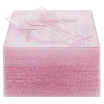 Conjunto de pratos de sobremesa DayAmmi Pink 100 unidades com garfos para festa