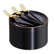 Conjunto de pratos de sobremesa I00000 preto e dourado 144 unidades com garfos