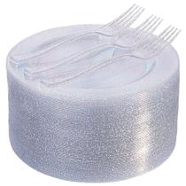 Conjunto de pratos de sobremesa I00000 Silver Glitter 144 unidades com garfos Conjunto de pratos de sobremesa I00000 Silver Glitter 144 unidades com garfos