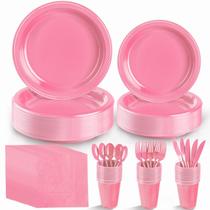 Conjunto de pratos descartáveis Boocikey Pink Plastic para 25 convidados Conjunto de pratos descartáveis Boocikey Pink Plastic para 25 convidados